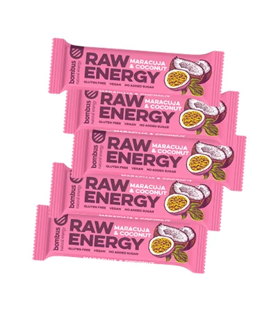 BOMBUS RAW ENERGY batonėlis su marakuja ir kokosu, 50 g x 20 vnt.